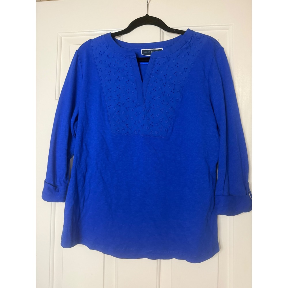 Karen Scott Petites Royal Blue Eyelet Embroidered Split Neck Top PXL Cotton